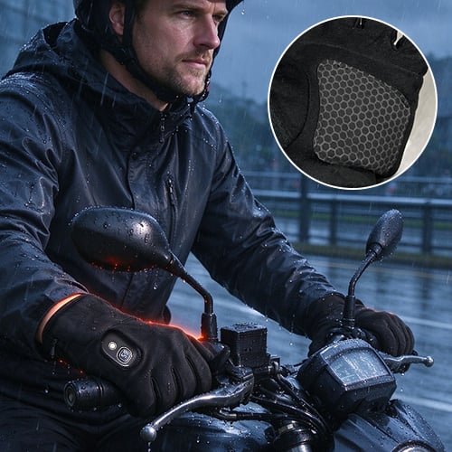 Rider wearing heated gloves with an inset showing the textured palm pad