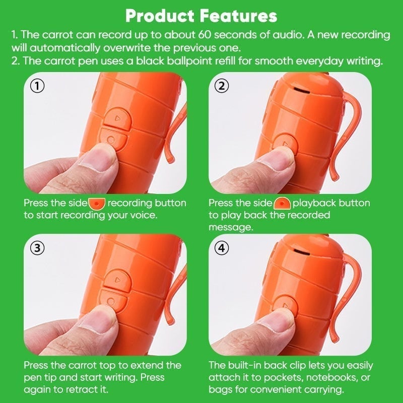 Portable Carrot Voice Recorder Ballpoint Pen