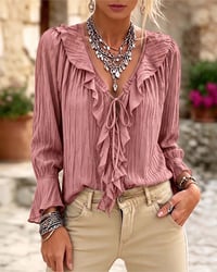 Ruffle Trim Lace-Up Long Sleeve Blouse