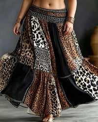 Patchwork Leopard Print Flared Skirt