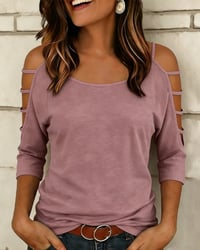 Solid Color Elbow-Length Sleeve Off-Shoulder T-Shirt