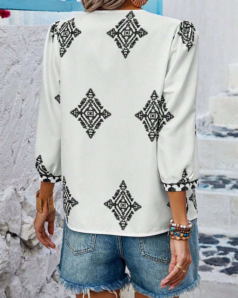 Blouse V-hals Diamantprint Driekwartmouwen
