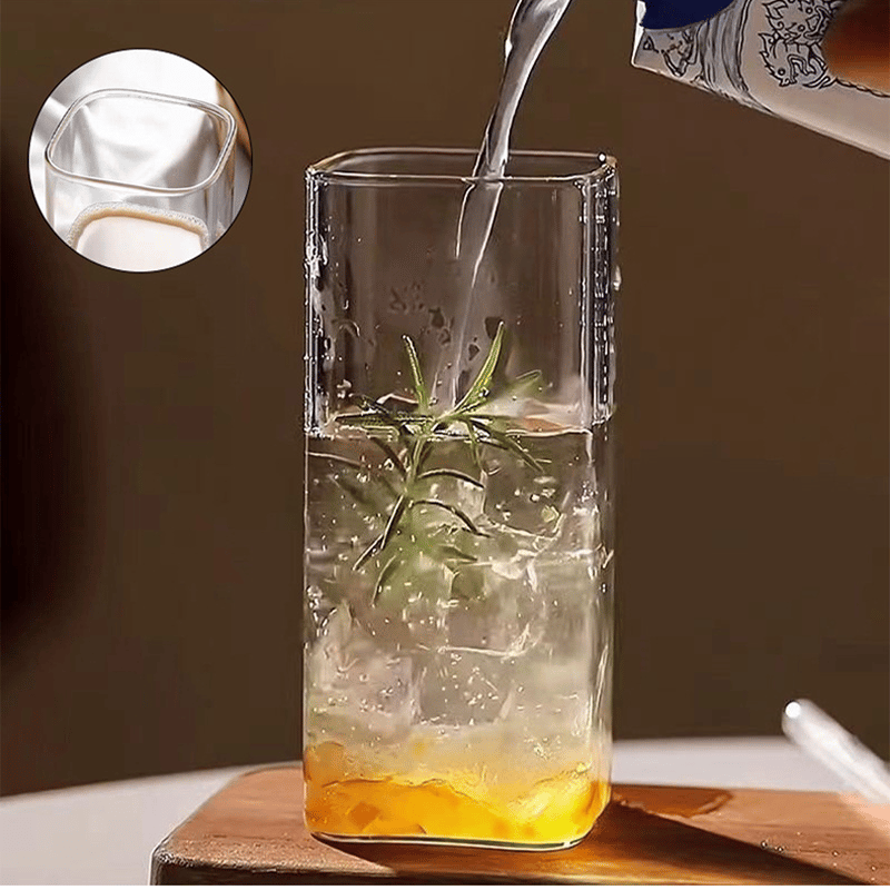 Stylish Square Glass Drink Cup with Lid and Straw