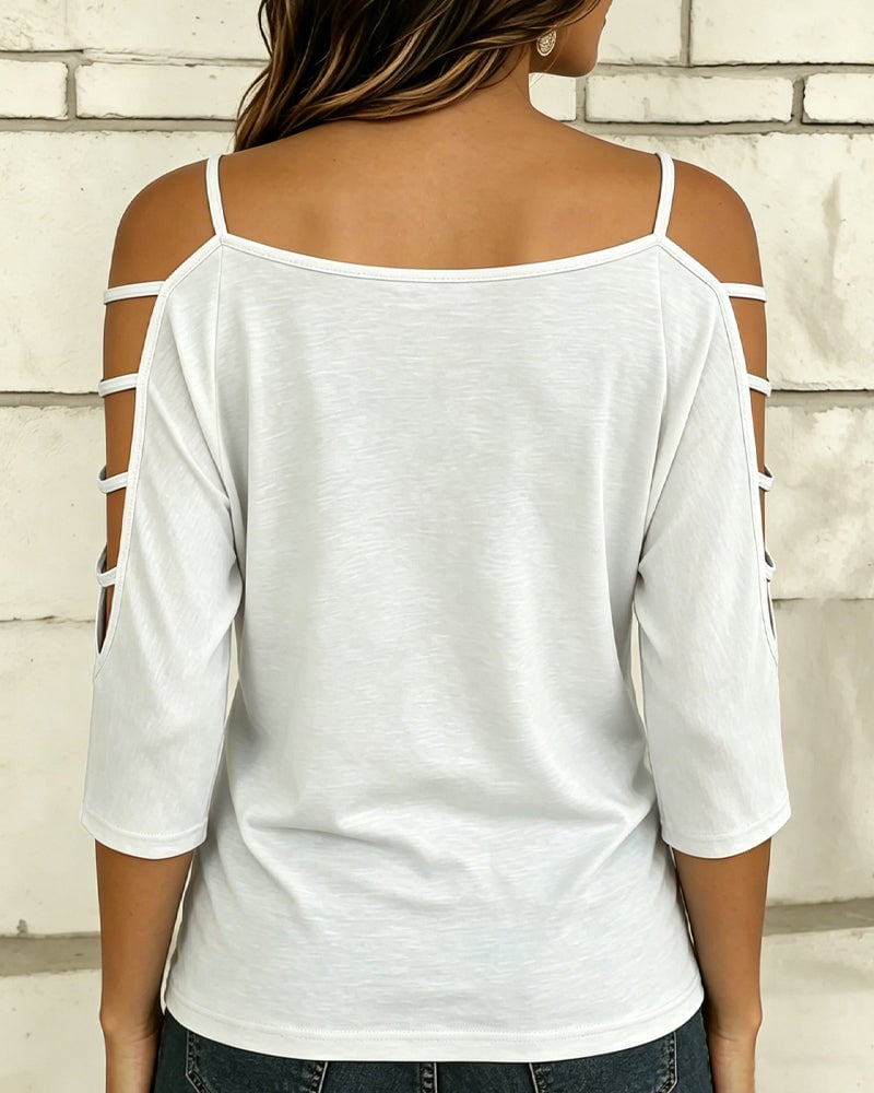 Solid Color Elbow-Length Sleeve Off-Shoulder T-Shirt