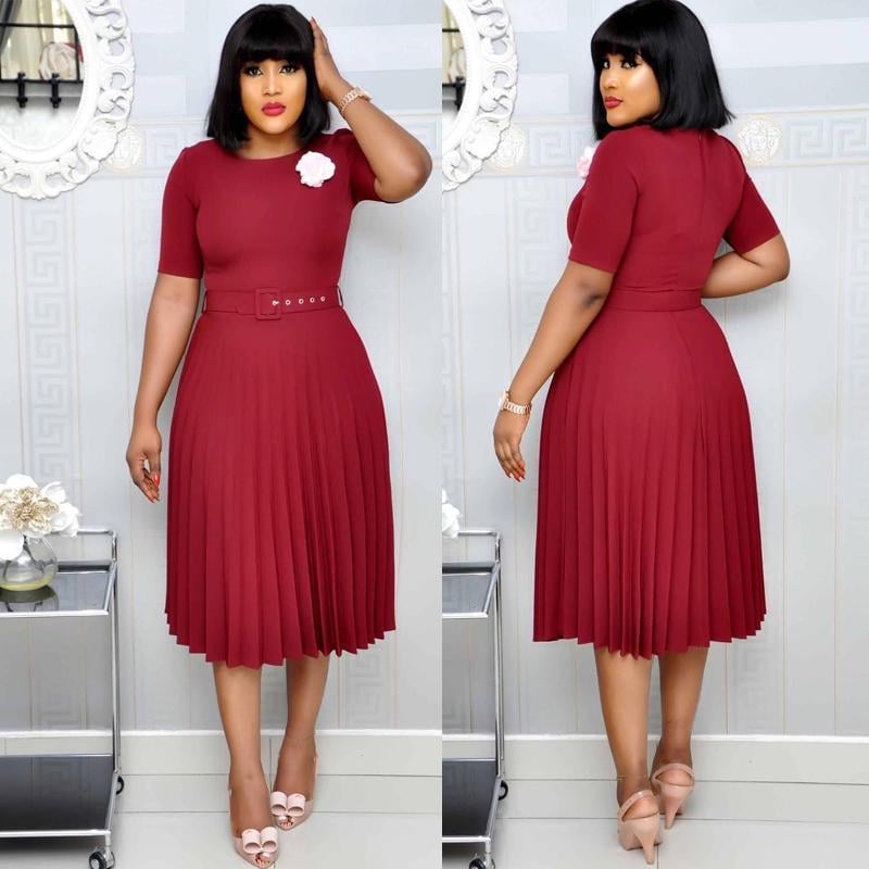 Solid Color Short Sleeve Pleated Dress On Knee