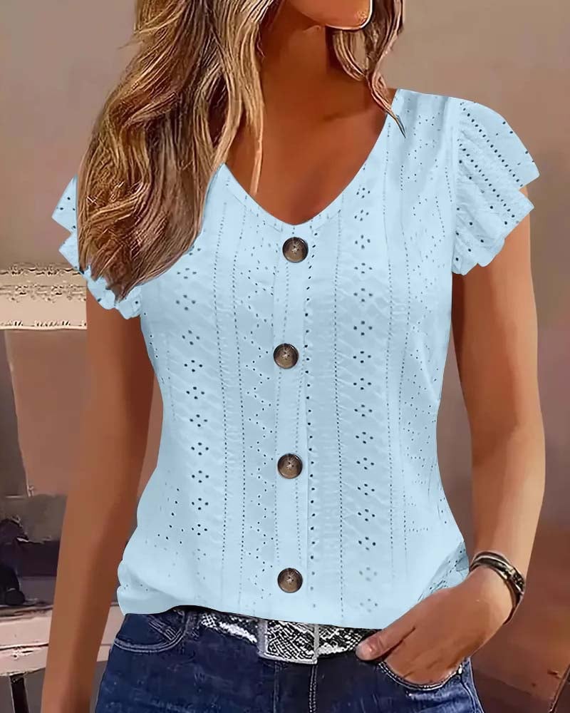 Flutter Sleeve Hollow Out Button Blouse