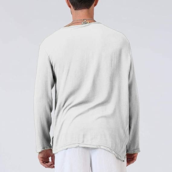 Men's Linen Loose Long Sleeve T-Shirt V-neck Solid Color Top