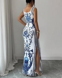 Blue-and-White Sleeveless Slit Maxi Dress