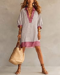Kleid Leopardenprint Panel Puffärmel Gestreiftes Hemd