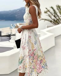 Sleeveless Floral Print Waist-Cinching Dress