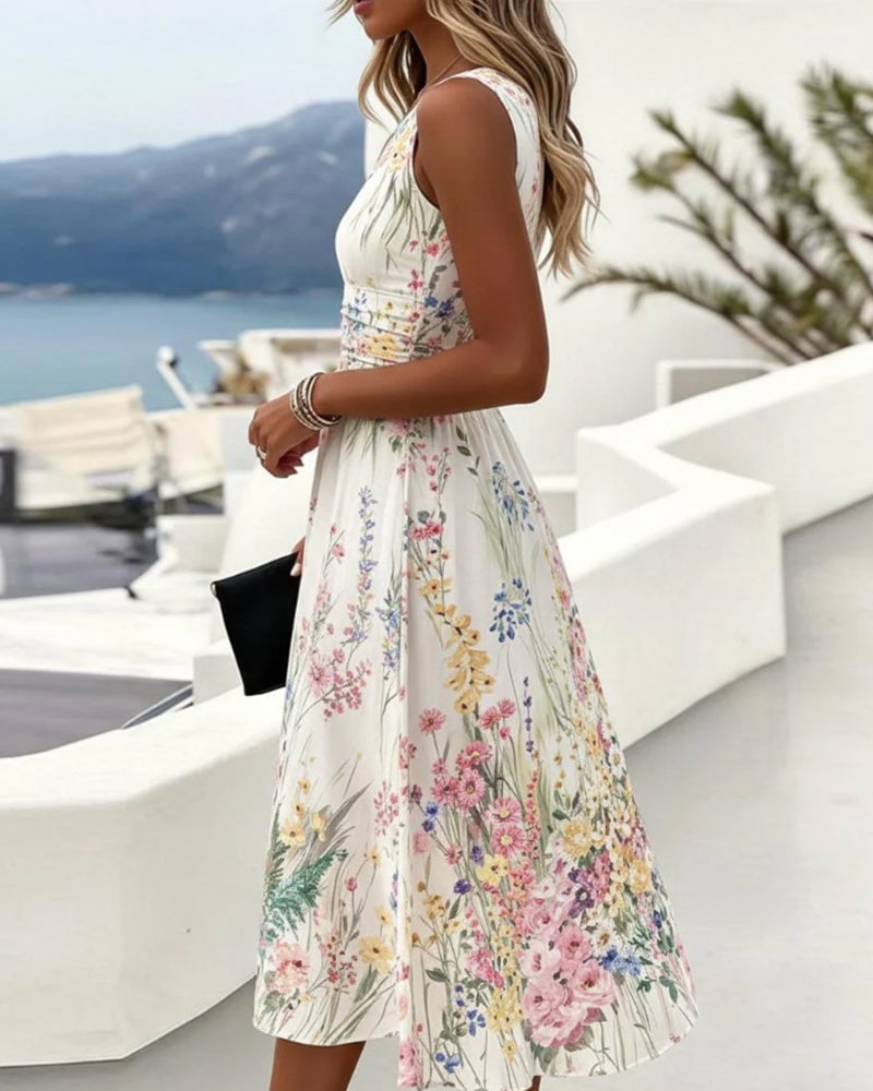 Sleeveless Floral Print Waist-Cinching Dress