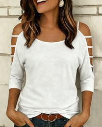 Solid Color Elbow-Length Sleeve Off-Shoulder T-Shirt