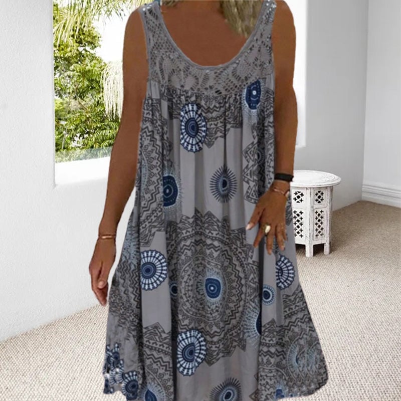 Women Summer O-Neck Sleeveless Print Dress