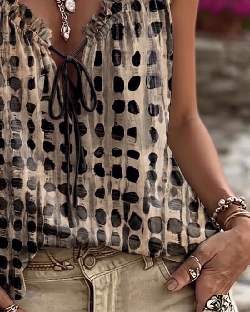 Polka Dot Print Ruffle Tank Tops