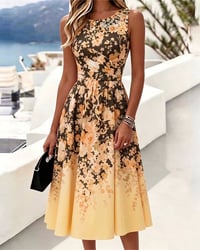 Sleeveless Crew Neck High Waist Printed Dress