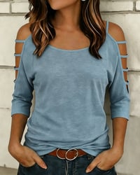 Solid Color Elbow-Length Sleeve Off-Shoulder T-Shirt