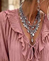 Ruffle Trim Lace-Up Long Sleeve Blouse