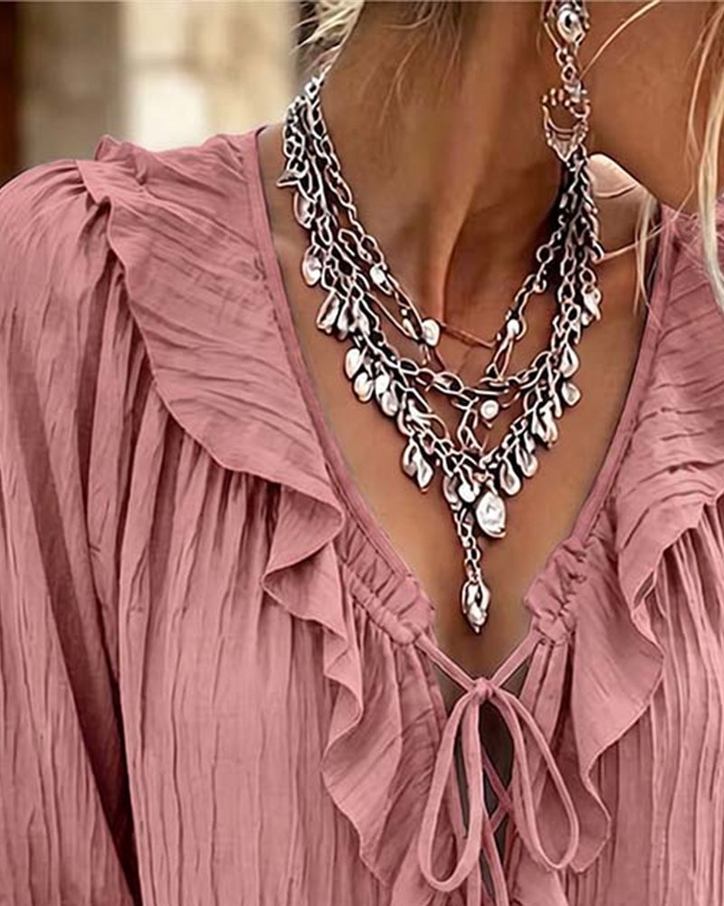 Ruffle Trim Lace-Up Long Sleeve Blouse
