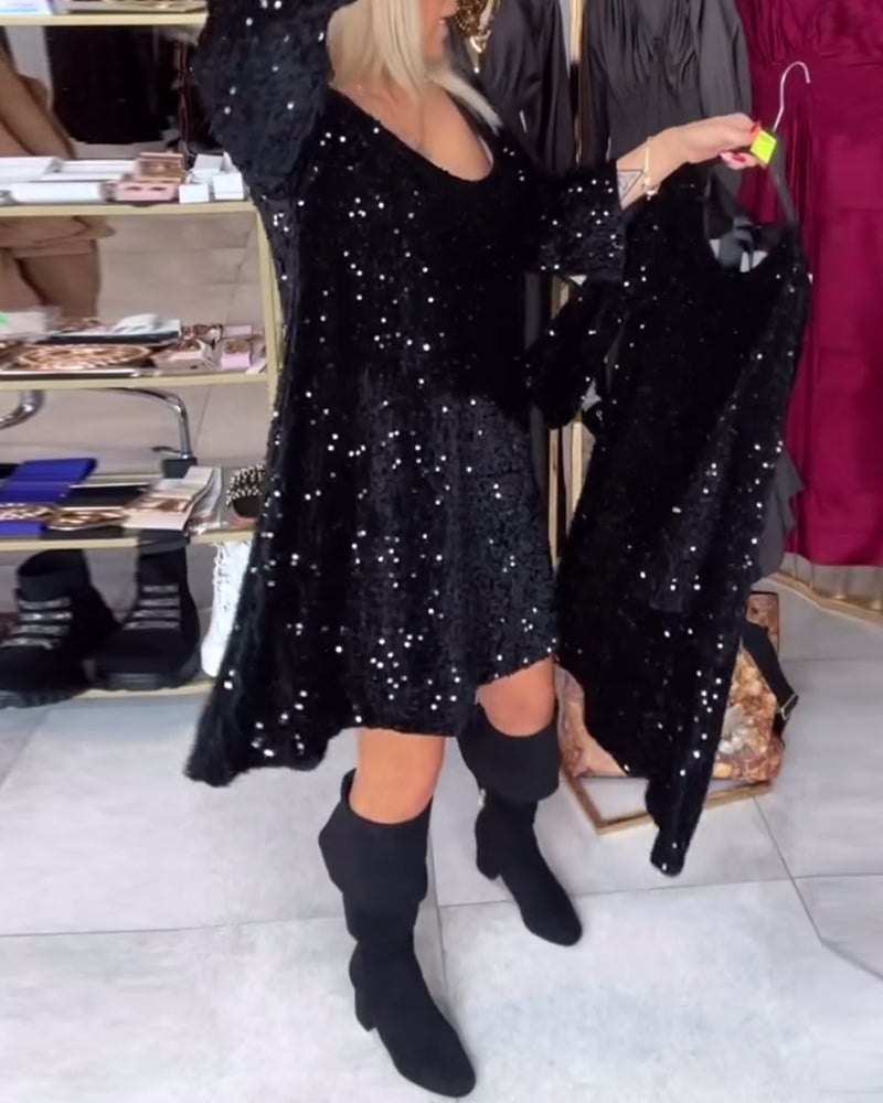 Velvet Sequined Dress With Wide Neckline