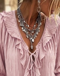 Ruffle Trim Lace-Up Long Sleeve Blouse