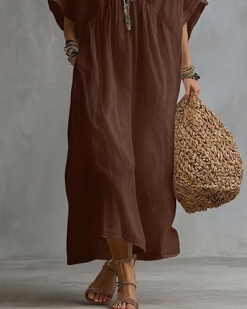 V-Neck Batwing Sleeve Flared Dress
