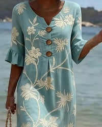 Petite V-Neck Ruffle Three-Quarter Sleeve Dress