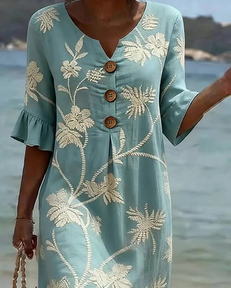 Petite V-Neck Ruffle Three-Quarter Sleeve Dress