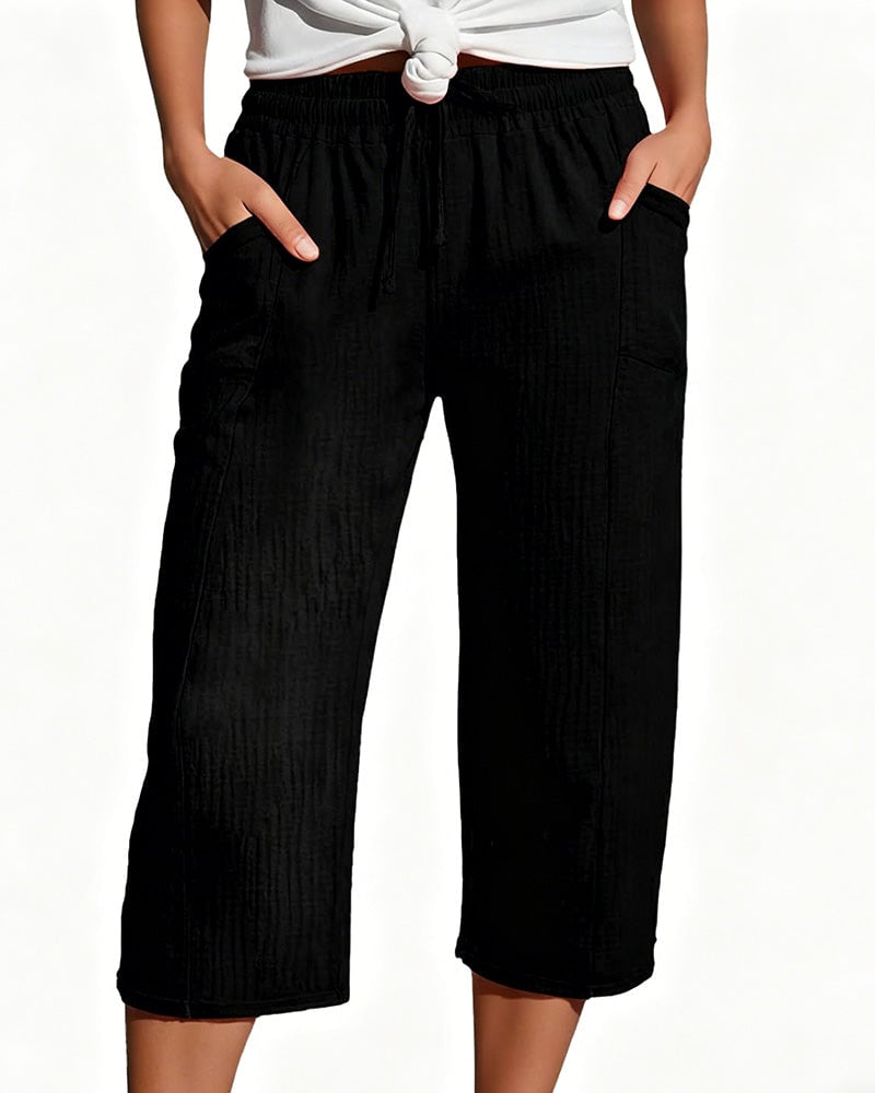 Solid Color Drawstring Wide-Leg Cropped Pants