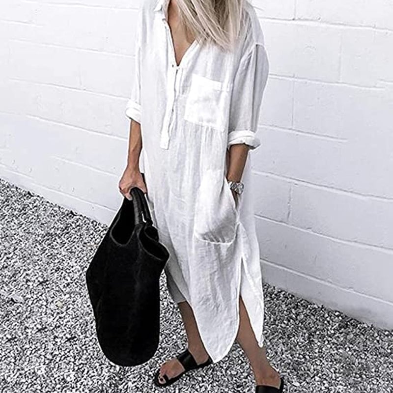 Elegant Enfärgad Slit Skjortklänning