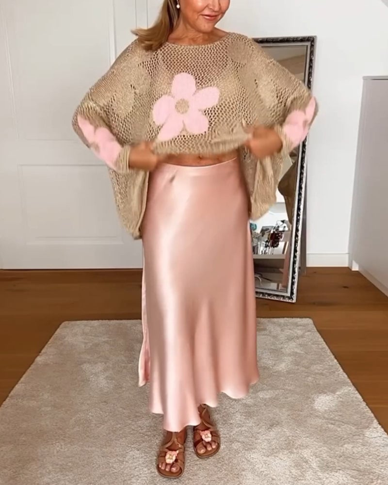 Pull creux décontracté à manches longues et col rond à fleurs