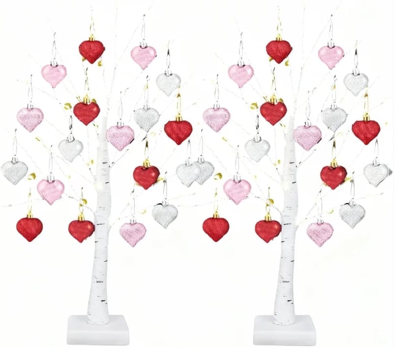 LED Tabletop Birch Tree with 18 Heart Ornaments