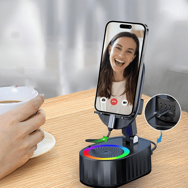 360° Adjustable Phone Stand with Built-in Bluetooth Speaker