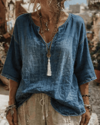 Topp V-Hals Denim Halv Erme