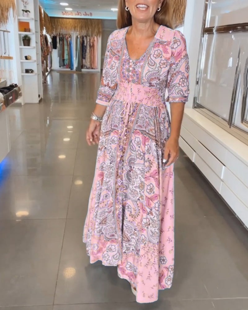 Robe de vacances à col en V et manches 3/4