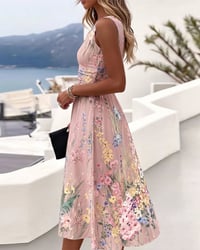 Sleeveless Floral Print Waist-Cinching Dress