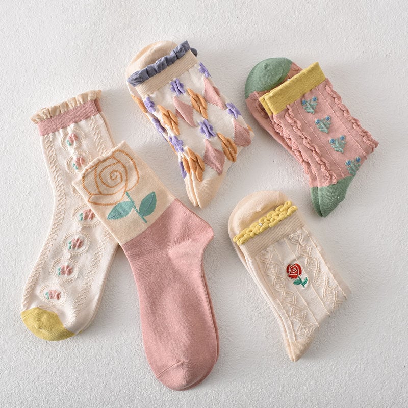 10 Pairs Women's Pink Floral Cotton Socks