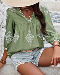 Blouse V-hals Diamantprint Driekwartmouwen