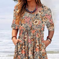 Scoop Neck Floral Printed Pockets Midi Dress