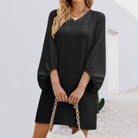 Solid Color V-Neck Puff Sleeve Loose Dress