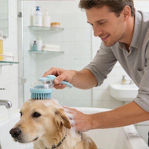 Pet parent using Gokeepy bath brush for a quicker pet bath