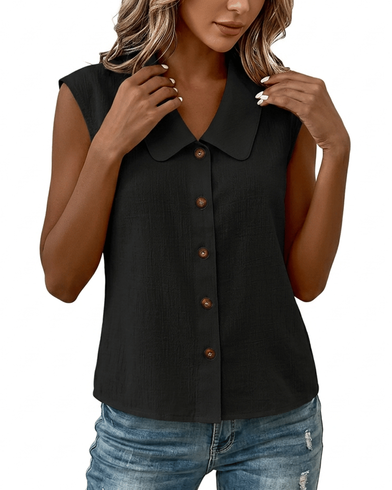 Sleeveless Lapel Linen-Cotton Shirt