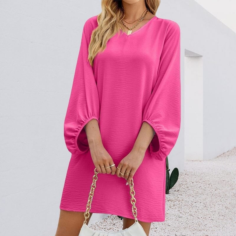 Solid Color V-Neck Puff Sleeve Loose Dress