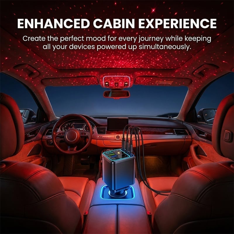 7-in-1 Universal Retractable Car Charger with Intelligent Voltage Display and Starry Sky Light