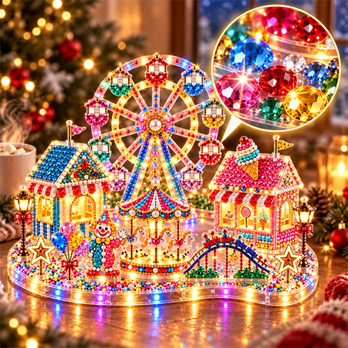 Close view of colorful faceted gems on a three-dimensional carnival scene with a Ferris wheel and carousel
