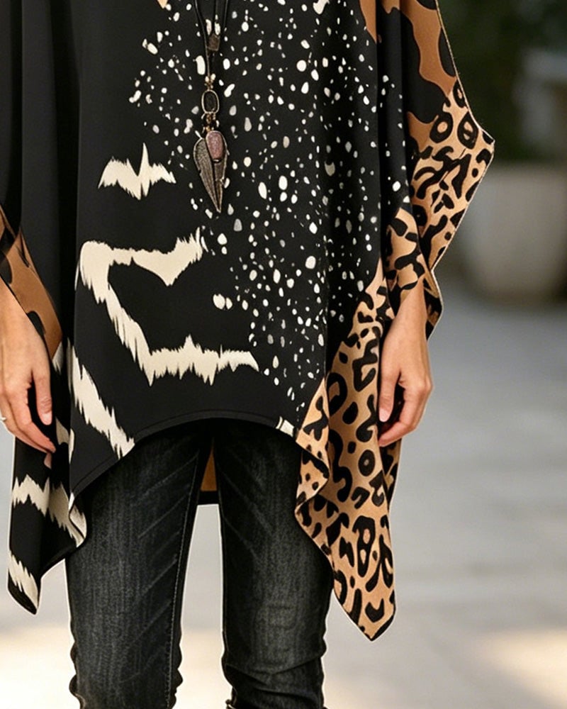 Round Neck Leopard Print Patchwork Blouse