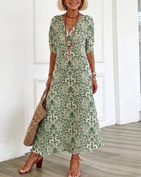 Klänning Vintage Blommönster V-Hals Maxi