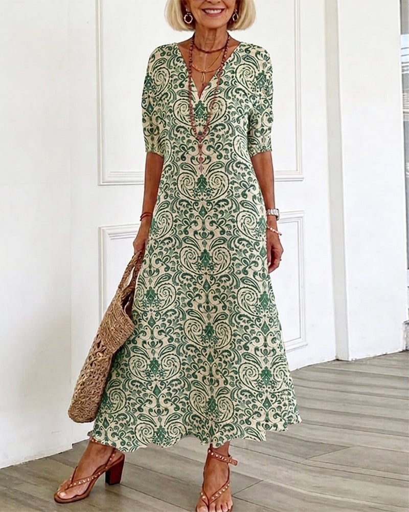 Klänning Vintage Blommönster V-Hals Maxi