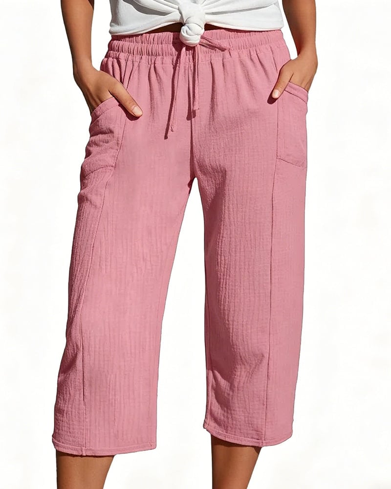 Solid Color Drawstring Wide-Leg Cropped Pants