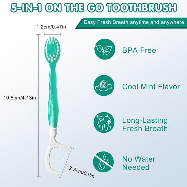 Mini Toothbrush 5 in 1 Tool (Toothpaste + Floss + Pick + Tongue Scraper) Portable Travel Set