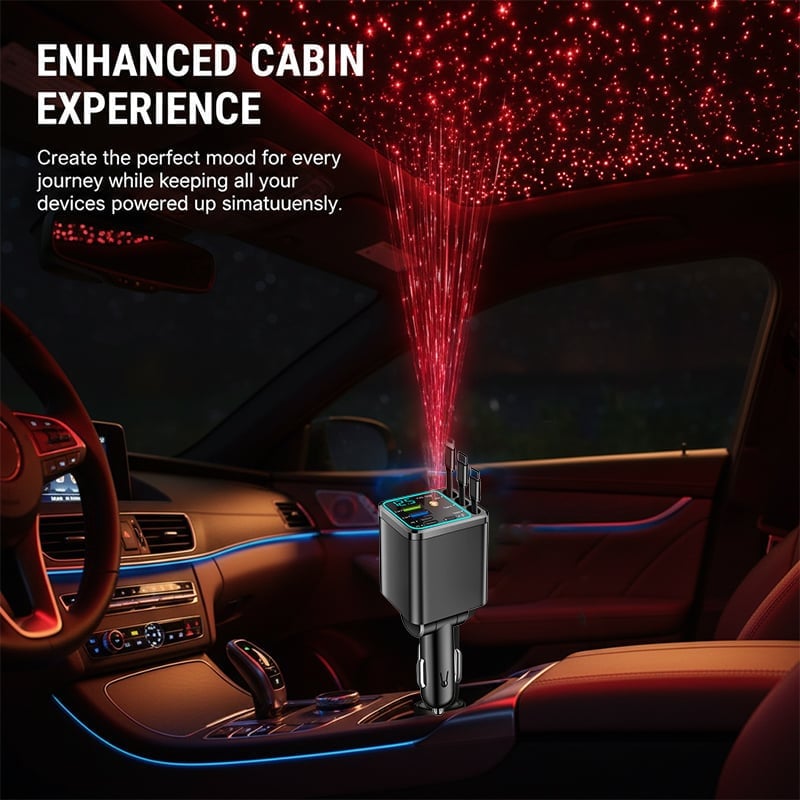 7-in-1 Universal Retractable Car Charger with Intelligent Voltage Display and Starry Sky Light